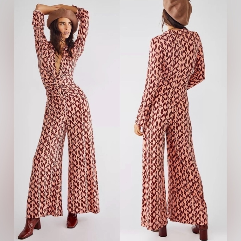 Free People Shayla Wide Leg Jumpsuit Womens XS Pink Brown Boho Print One Piece